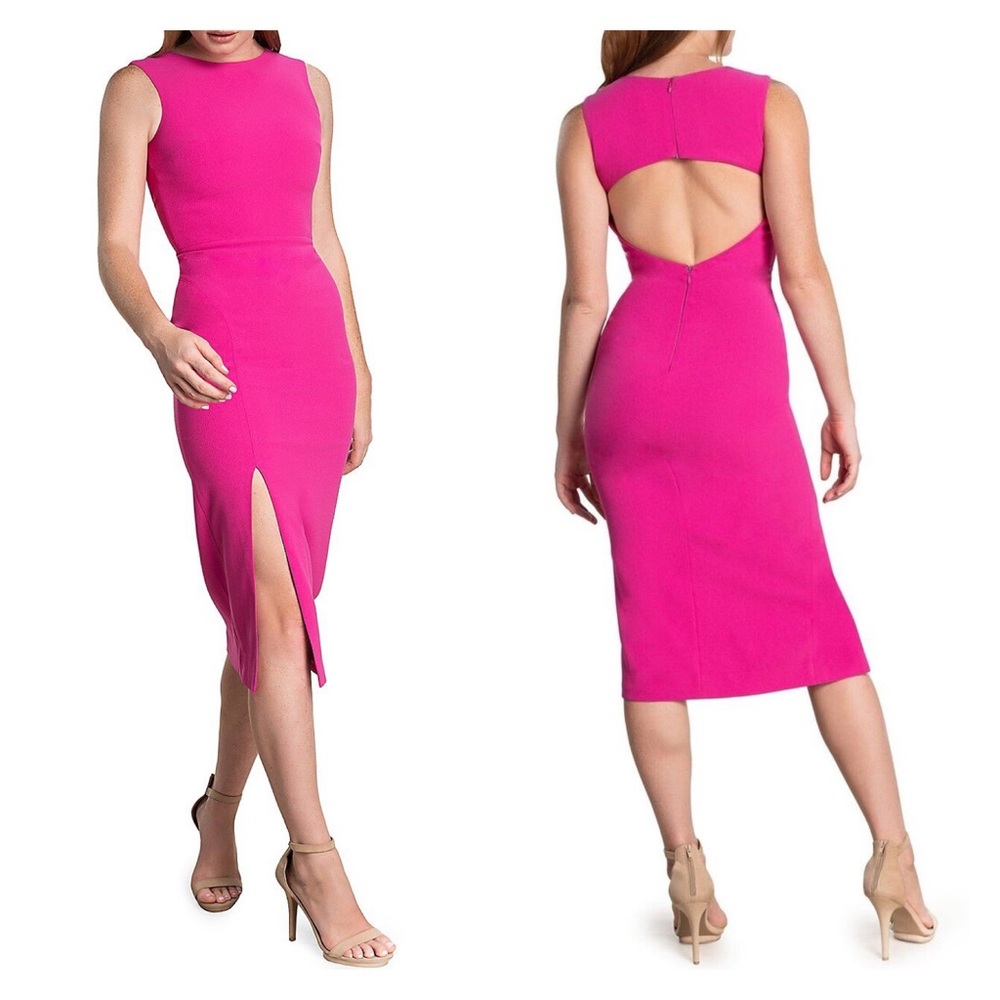 DRESS THE POPULATION | Maeve Bodycon Slit Midi Dress Fuchsia Pink
